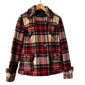 American Eagle Outfitters AEO Red Cream Plaid Peacoat Jacket Size Medium